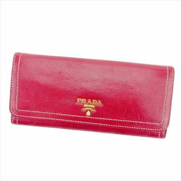Prada Wallet Purse Long Wallet Red Gold Woman unisex Authentic Used - Picture 1 of 8
